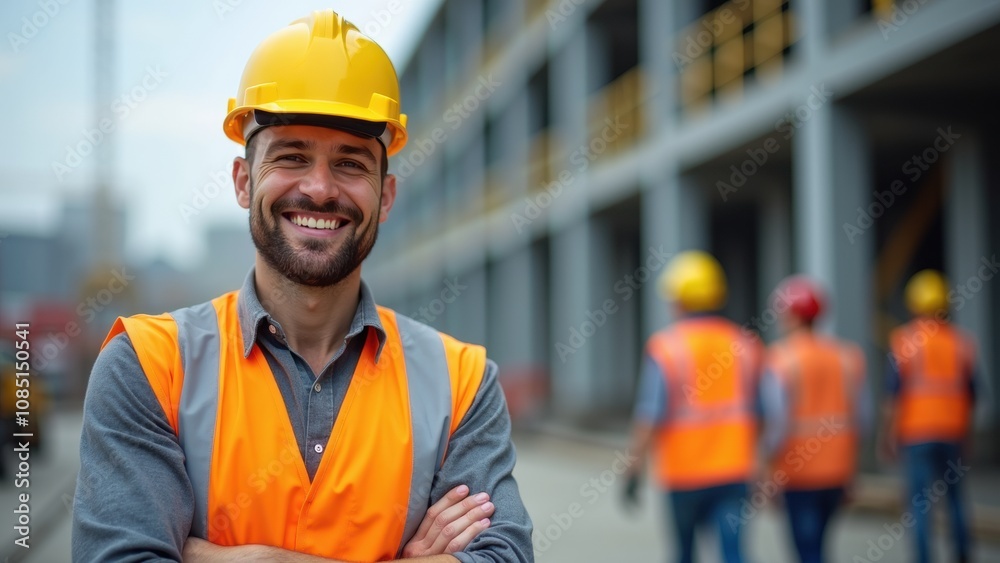 A construction worker wearing a hard hat and safety vest stands proudly with arms crossed, smiling at the camera. Behind him, fellow workers are busy on site