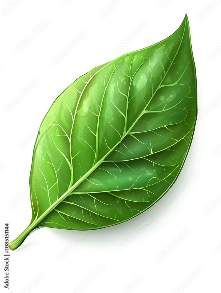 Fototapeta premium A detailed close-up of a vibrant green leaf with intricate vein patterns, highlighting its natural elegance, set against a white background.
