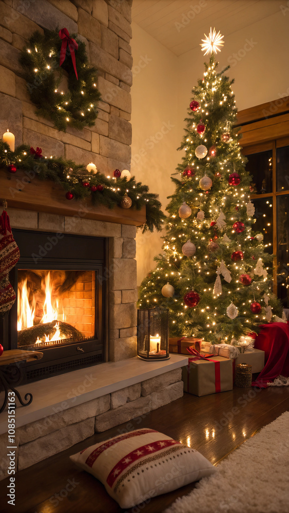 A christmas scene with a fire place and a christmas tree. image. A christmas scene with a fire place and a christmas tree. image.