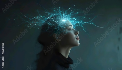 A silhouette of a woman’s face with an intricate brain design, radiating energy and light, blending elements of fashion, art, and science, symbolizing the power of the mind and human potential