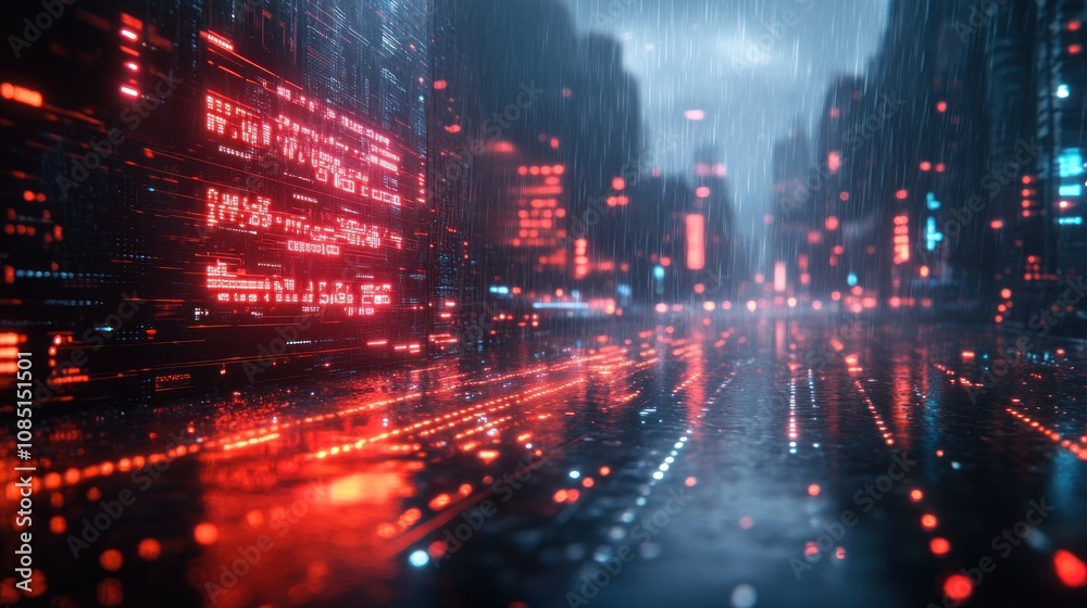 Futuristic city street at night, rain. Futuristic city street at night, rain.