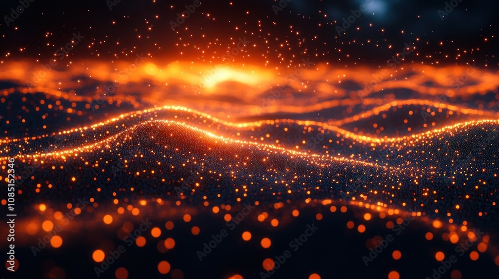 Glowing particle landscape at sunset.