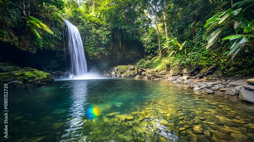 A serene waterfall cascades into a tranquil pool surrounded by lush greenery.