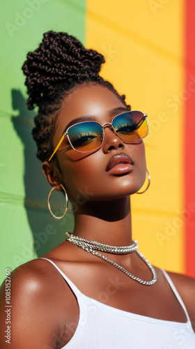 stylish woman with braided hair wearing sunglasses poses against colorful background, exuding confidence and elegance. Her accessories complement her look beautifully