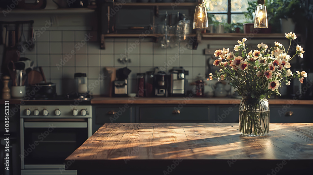 Rustic Kitchen Table with Flowers in Glass Vase Rustic Kitchen Table with Flowers in Glass Vase