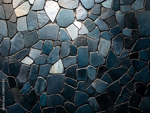 Textured blue and black mosaic wall with irregular stone shapes