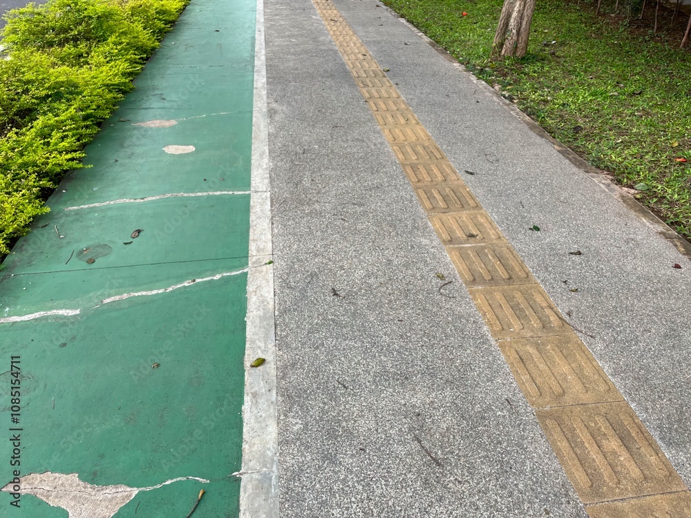 A split walkway featuring a green path and a textured gray path for accessibility. A split walkway featuring a green path and a textured gray path for accessibility.