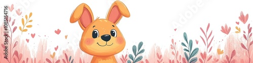 A cute cartoon bunny with big eyes and a happy expression is set against a background of pink and green foliage.