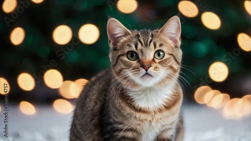 Cute cat in the snow with blurred bokeh background. Ai image generated.