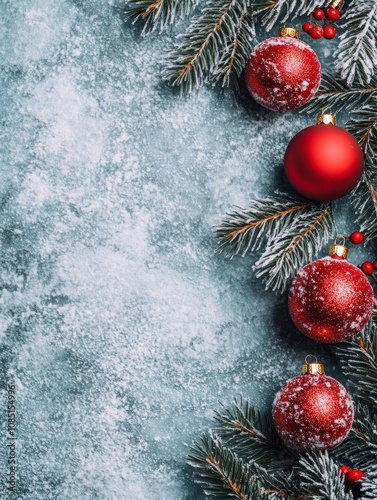 Festive Red Christmas Balls and Snowy Fir Branches - Christmas, winter, holidays, red ornaments, snowy branches. Festive background perfect for cards or decorations. photo