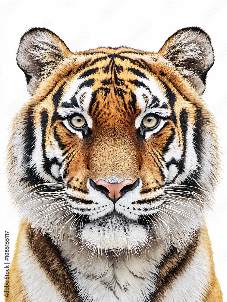 Obraz premium A striking illustration of a majestic tiger's face, highlighting its vivid orange fur and bold black stripes against a white background.