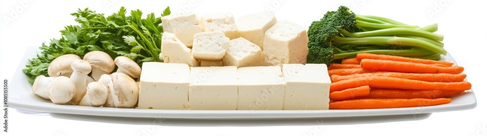A platter of vegetables with carrots, white button mushrooms, and blocks of tofu	
