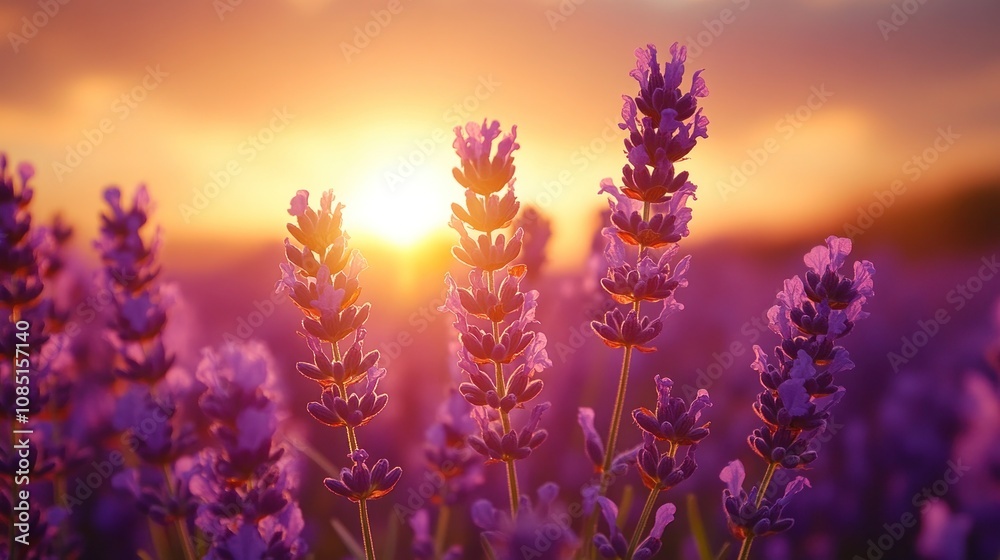 Obraz premium Sunset over a field of lavender.