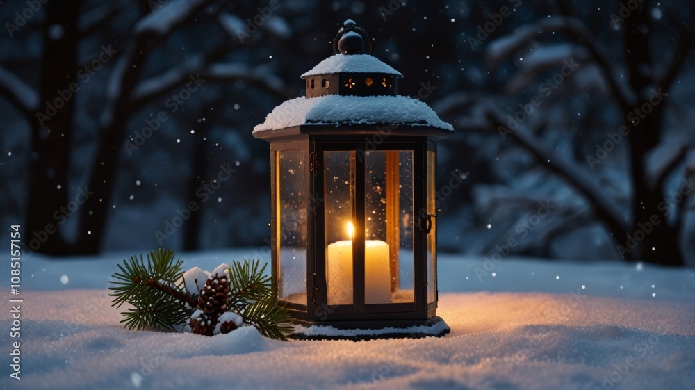 A glowing lantern with a candle illuminates a snowy landscape, surrounded by pine branches and cones, creating a cozy winter scene under softly falling snowflakes A glowing lantern with a candle illuminates a snowy landscape, surrounded by pine branches and cones, creating a cozy winter scene under softly falling snowflakes
