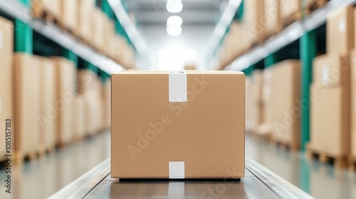 Wallpaper Mural A focused view of a cardboard box on a conveyor in a warehouse, surrounded by stacked boxes, highlighting logistics and storage. Torontodigital.ca