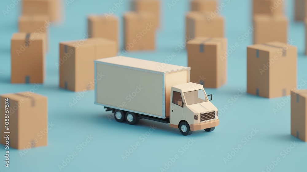A miniature delivery truck surrounded by cardboard boxes on a light blue background, illustrating logistics and shipping concepts.