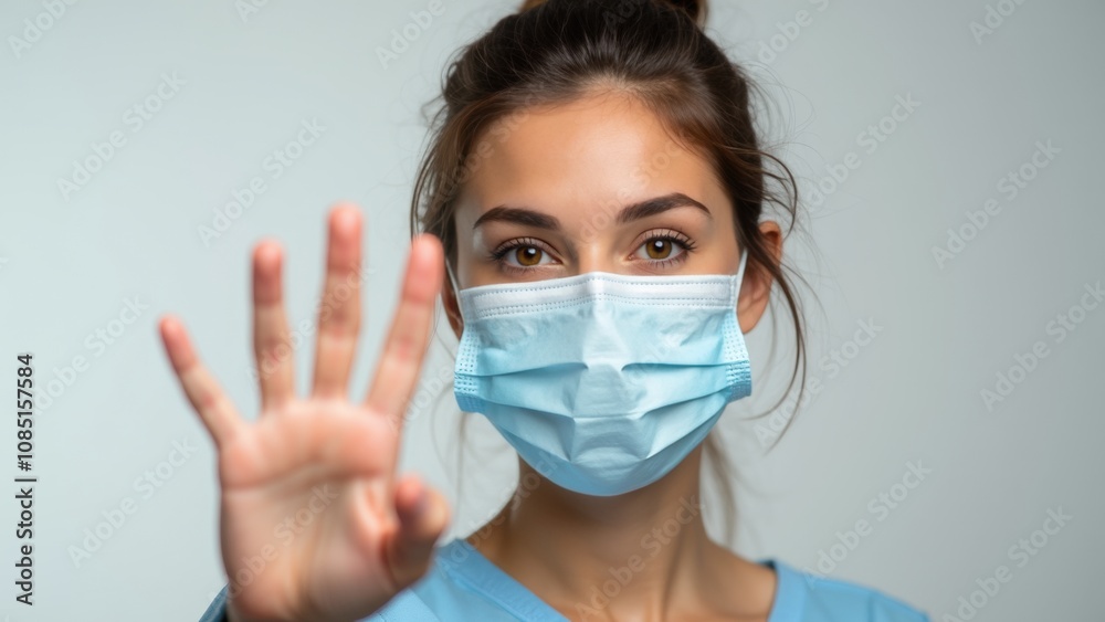 A young woman in a light blue outfit is wearing a face mask and raising her hand in a stop gesture. She appears to be in a medical or clinical environment during the pandemic A young woman in a light blue outfit is wearing a face mask and raising her hand in a stop gesture. She appears to be in a medical or clinical environment during the pandemic