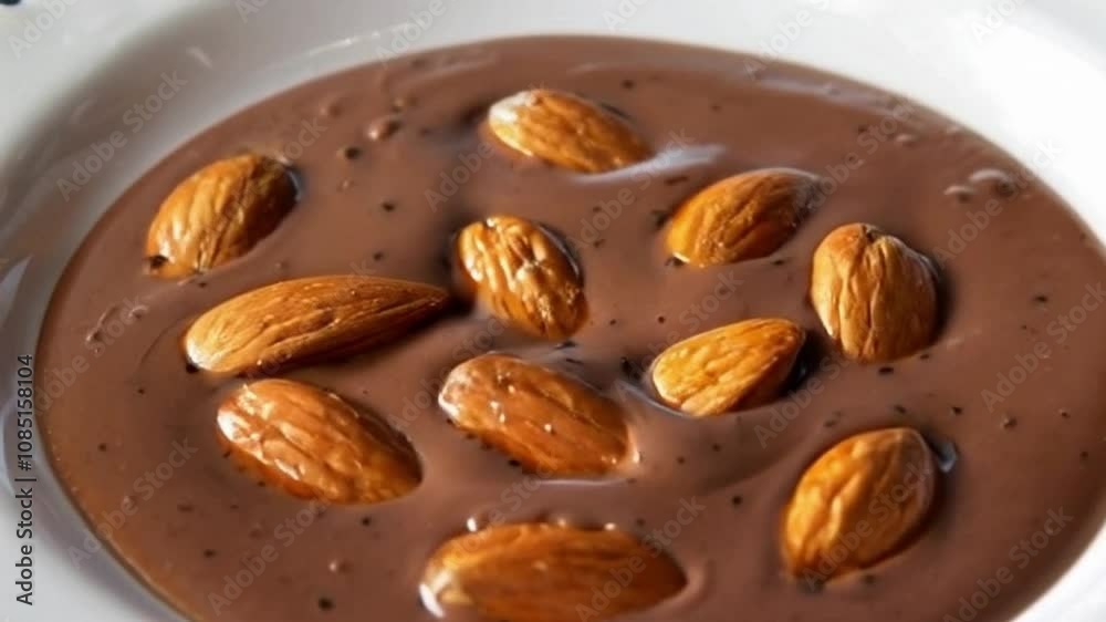 almonds falling into a pool of chocolate almonds falling into a pool of chocolate