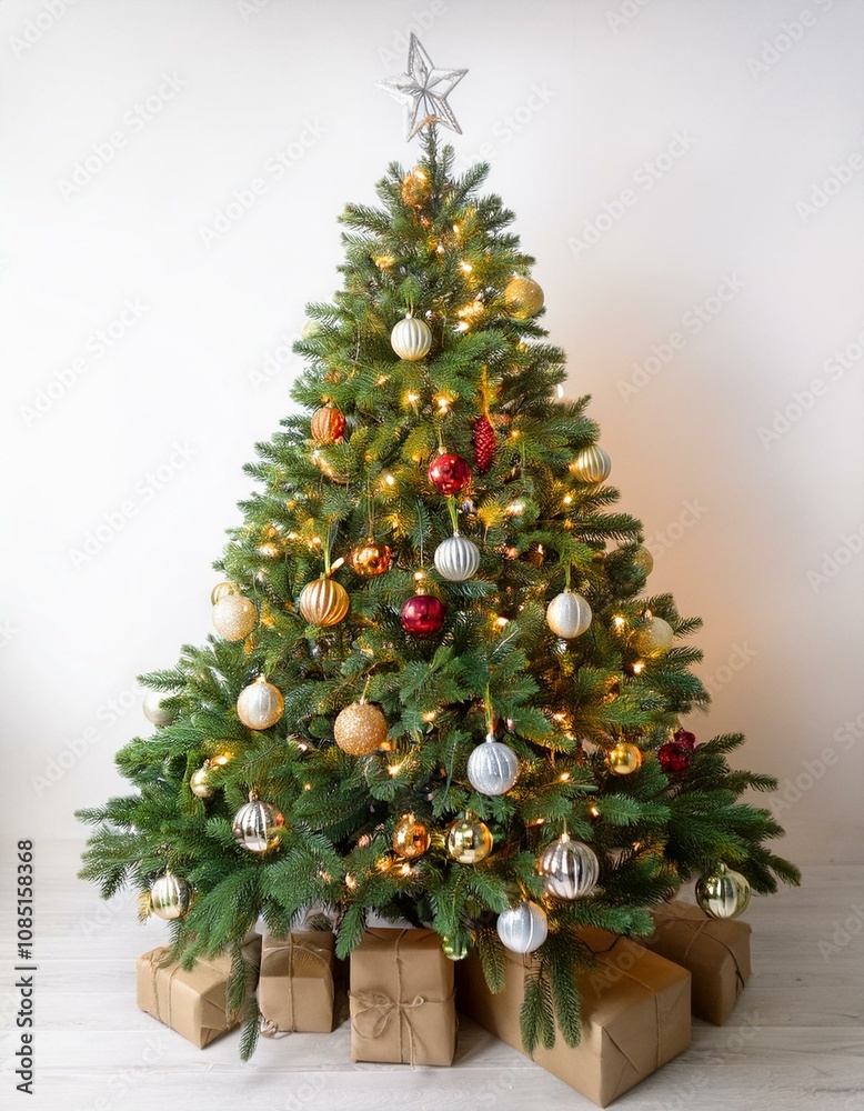 Fototapeta premium Decorated christmas tree with ornaments and lights on white background