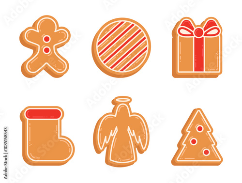 Holiday gingerbread cookie. Cookie in different shape with icing. Traditional decorative elements. Gingerbread man, Stocking. Cute stickers for winter holidays design. Vector illustration isolated