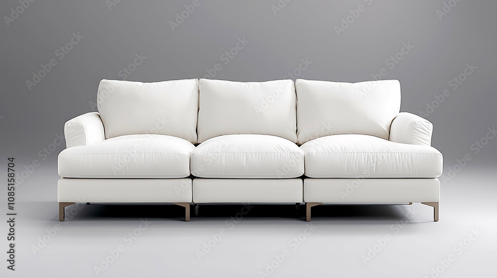 This sleek white sofa exudes a sense of minimalism and sophistication, standing out against the muted gray background This sleek white sofa exudes a sense of minimalism and sophistication, standing out against the muted gray background