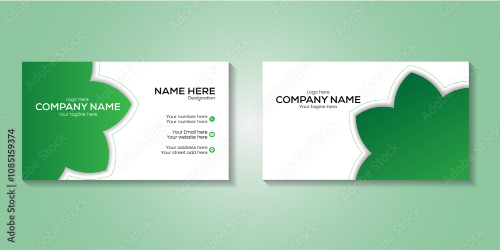 Double-sided creative business card template. Portrait and landscape orientation. Horizontal and vertical layout. Green color theme. Vector illustration Double-sided creative business card template. Portrait and landscape orientation. Horizontal and vertical layout. Green color theme. Vector illustration