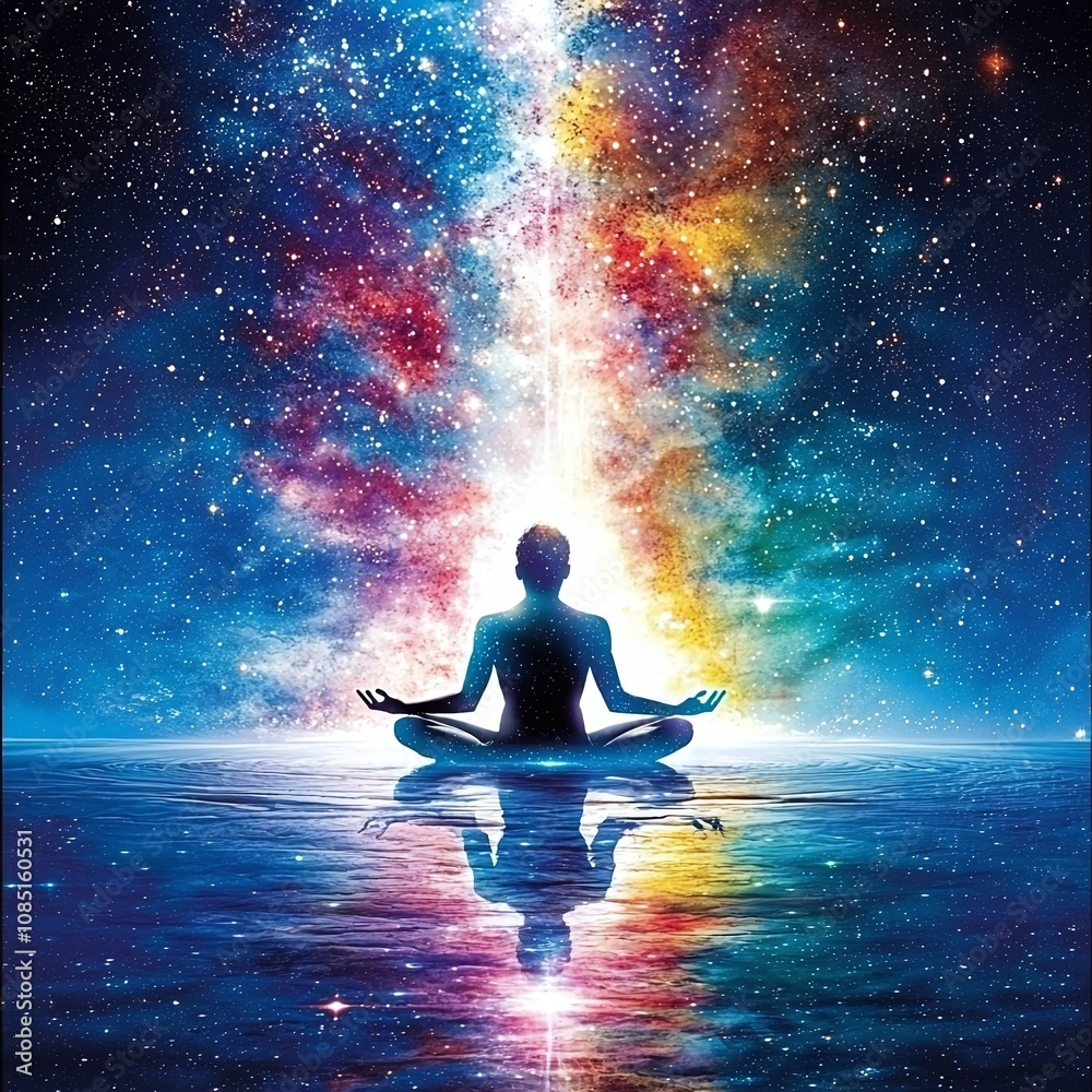 Silhouette of a person meditating in front of the universe. Silhouette of a person meditating in front of the universe.