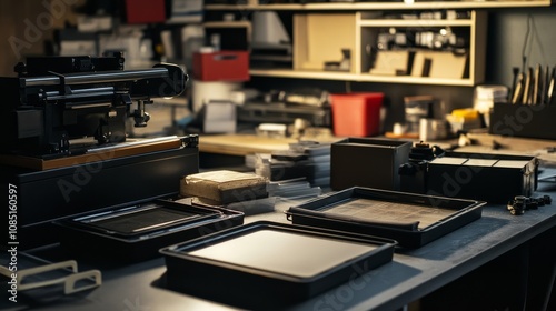 An organized photography darkroom setup, Enlarger and developing trays neatly arranged on a counter, Minimalist artistic style photo