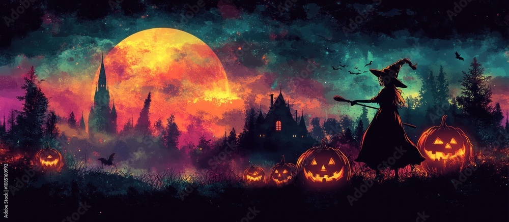 Witch Flying in a Magical Halloween Night Witch Flying in a Magical Halloween Night