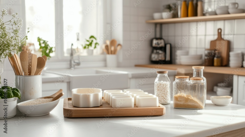 An organized soap making station in a bright kitchen, Soap molds and ingredients neatly placed on a counter, Minimalist craft style An organized soap making station in a bright kitchen, Soap molds and ingredients neatly placed on a counter, Minimalist craft style