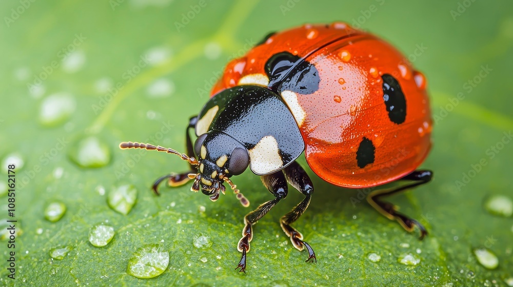 Naklejka premium Close-up image of a vibrant ladybug resting on a fresh green leaf with dew droplets, showcasing the beauty of nature's tiny creatures.