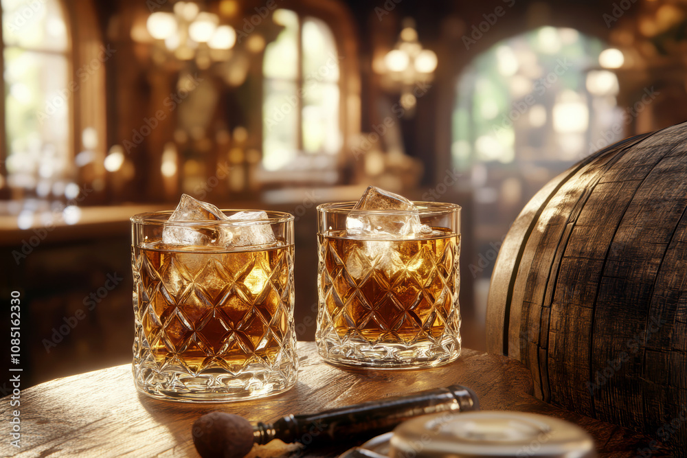 Obraz premium Two elegant, crystal-clear glasses of whiskey with ice cubes. AI generative.