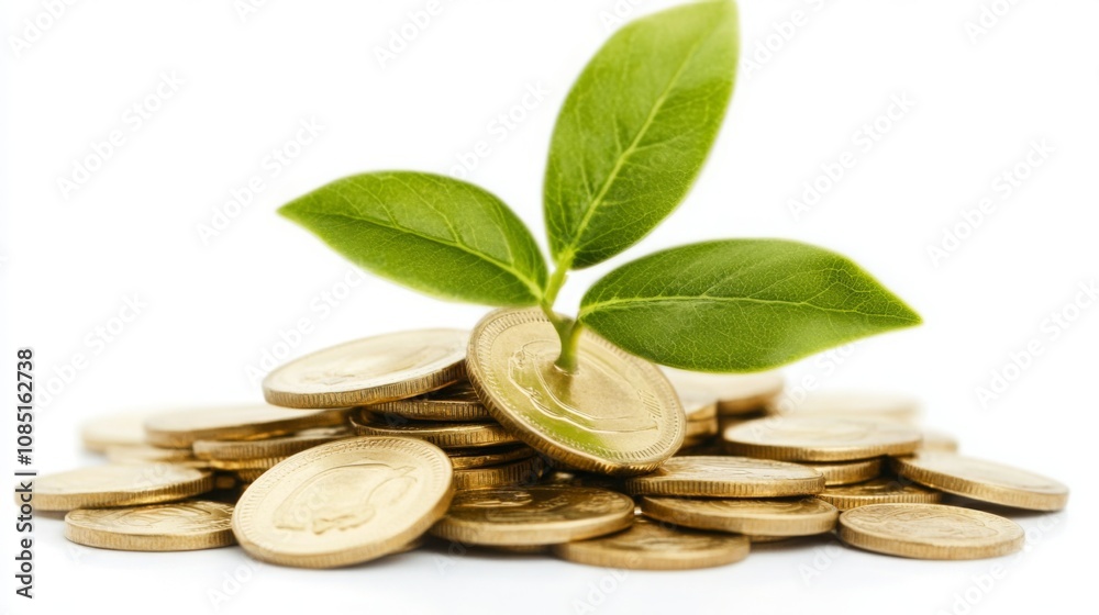 Plant sprouts from a golden coin pile, symbolizing financial growth and wealth Plant sprouts from a golden coin pile, symbolizing financial growth and wealth