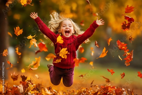 Wallpaper Mural Joyful Child Jumping in Autumn Leaves Torontodigital.ca