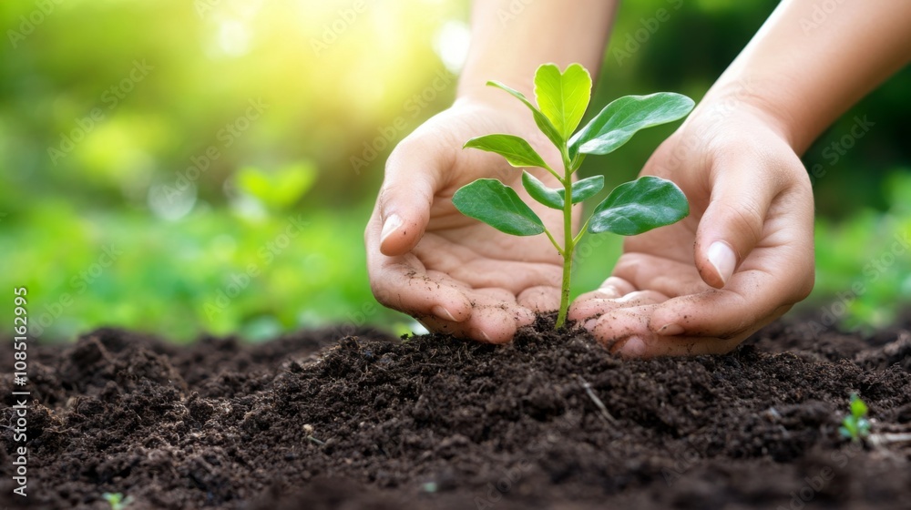 Green hands nurture new life, a tiny seed sprouting towards the sun Green hands nurture new life, a tiny seed sprouting towards the sun