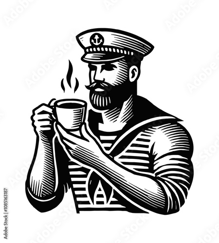 sailor holding a coffee cup engraving black and white outline