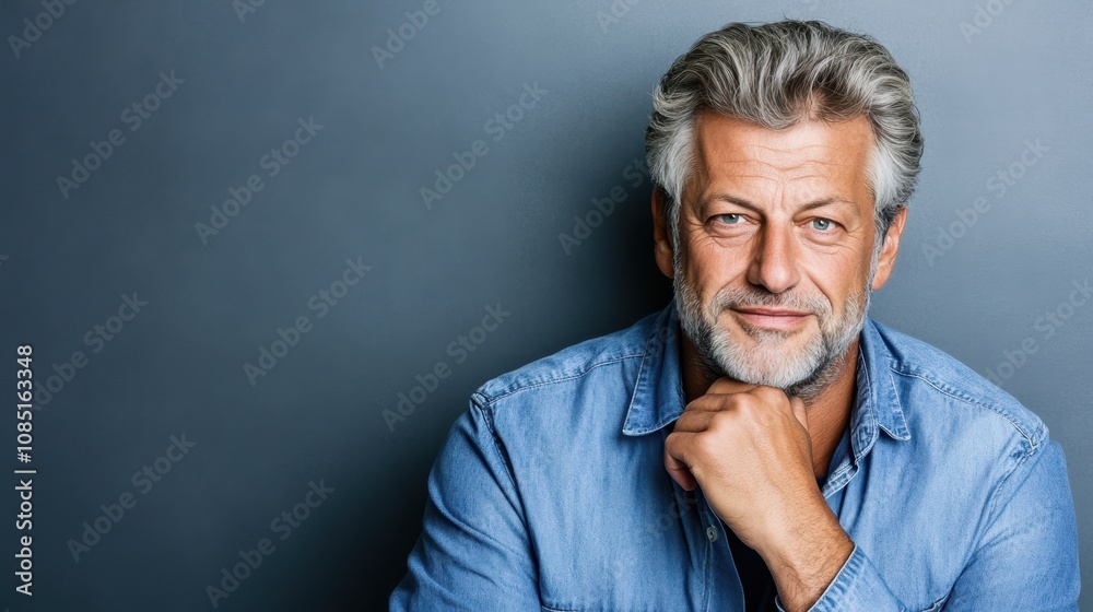 A mature man with gray hair in a denim shirt, smiling with a confident pose, resting his chin on his hand, against a blue background. A mature man with gray hair in a denim shirt, smiling with a confident pose, resting his chin on his hand, against a blue background.