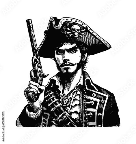 pirate holding a flintlock pistol engraving black and white outline