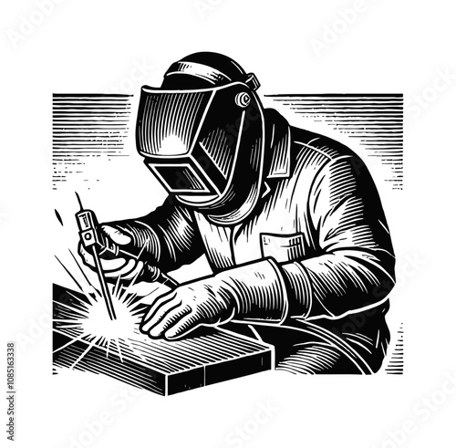 welder working engraving black and white outline