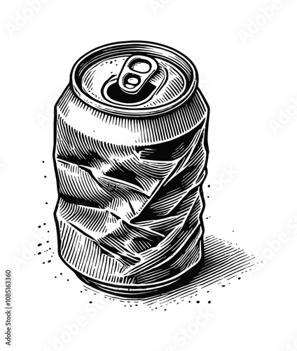 crushed soda can engraving black and white outline
