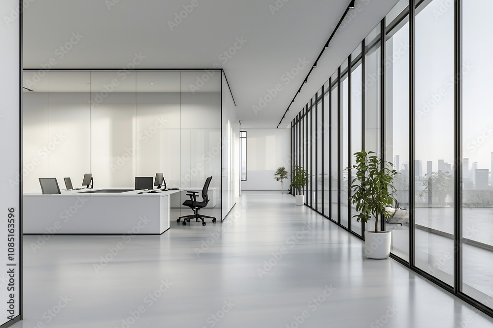 Fototapeta premium Modern Office Interior with Glass Walls and City View