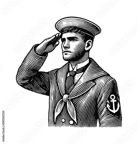 sailor, standing in a formal saluting pose, wearing traditional sailor clothing engraving black and white outline