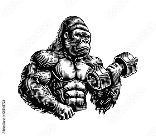 highly muscular gorilla holding dumbbell engraving black and white outline