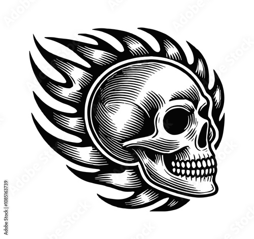 skull fire flame engraving black and white outline