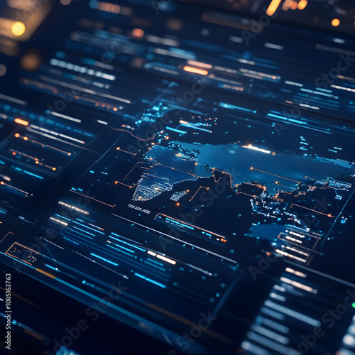 close up of logistics software interface displaying world map with data overlays, highlighting global connectivity and digital information flow