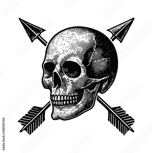 skull arrow cross engraving black and white outline