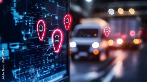 close up of logistics tracking system on screen, with glowing location markers and blurred delivery trucks in background, illustrating modern transportation technology