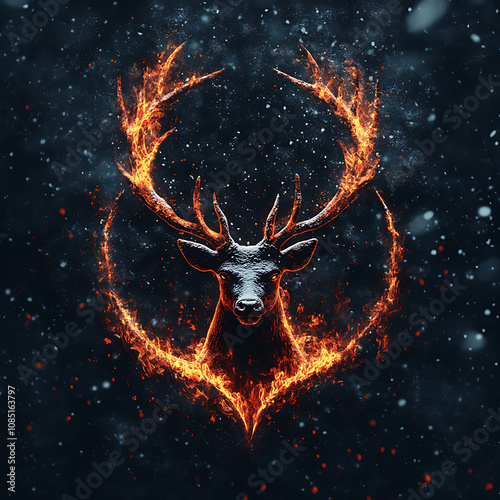 striking illustration of deer head engulfed in flames, set against dark, snowy background. fiery antlers create dramatic and captivating visual effect photo