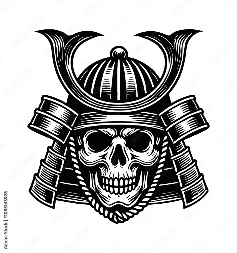 Fototapeta premium samurai helmet skull engraving black and white outline