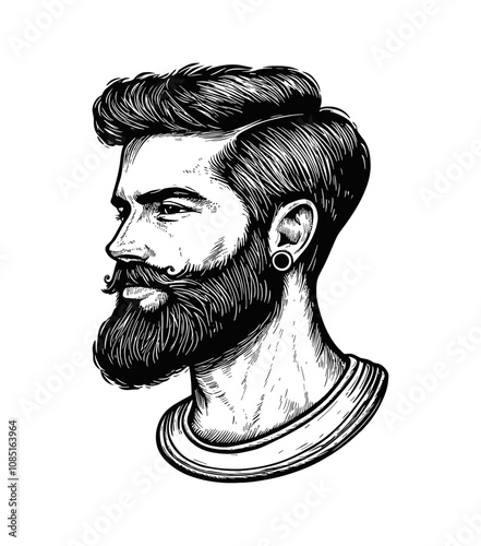 bearded hipster portrait engraving black and white outline